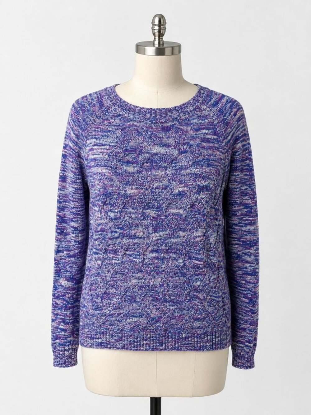 Lands' End Drifter Cable Knit Sweater Large Petite 14-16 Purple Blue Marled